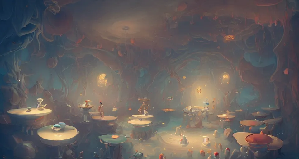 Image similar to a room built entirely out of white teacups by peter mohrbacher, vivid colors, matte painting, 8K, concept art, mystical color scheme, trending on artstation