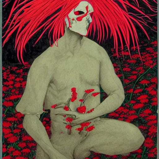 Image similar to death incarnated as a person amidst red spider lilies