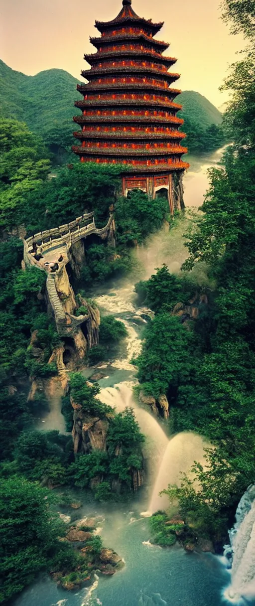 Prompt: kodak portra 4 0 0 photo of detailed ancien chines tower, with waterfalls and river, diffuse lighting, ultra detailed, sharp, intricate, elegant golden hour, wide angle, 3 5 mm, sharp focus, soft light, volumetric light, trending on pinterest, in the style of gregory crewdson and thomas kinkade, masterpiece