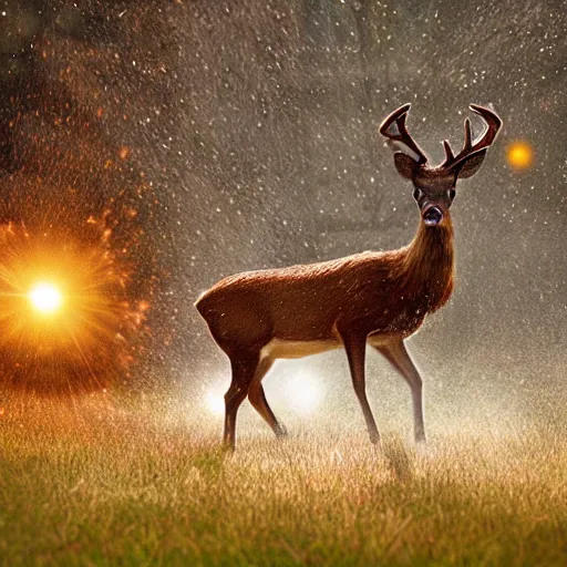 Image similar to A still of a deer exploding in slow motion, sparkles and sun rays, hyperrealistic, photo realistic, realistic, beautiful white lighting, in the middle of the day, hyperdetailed, very detailed