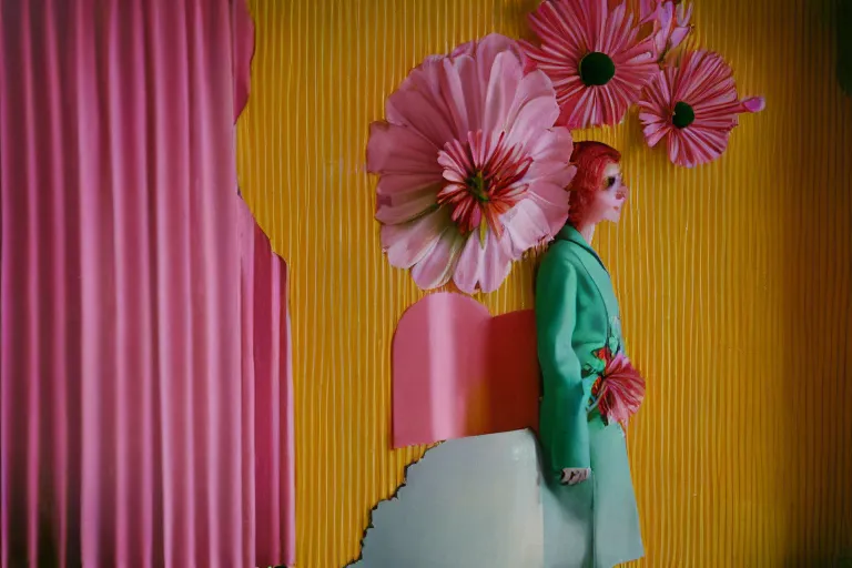 Image similar to giant flower head, girl standing in 1 9 6 0 s hotel, surreal photography, symmetry, mid century, liminal space, bright colours, wes anderson