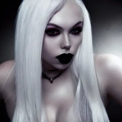 Prompt: modeling photograph kerli koiv, blonde, beautiful, dark, mysterious, bubble goth, detailed face, half body shot