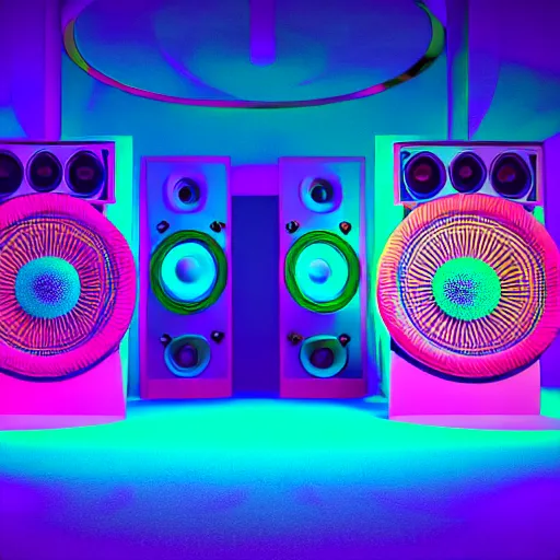 Image similar to 2 large speakers covered with a delicate psychedelic texture, octane render, hyper detailed render, volumetric light, ultra realistic,