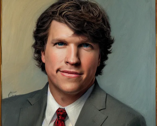 Image similar to closeup portrait of tucker carlson dressed up for fox news, highly detailed painting by gaston bussiere, craig mullins, j. c. leyendecker 8 k