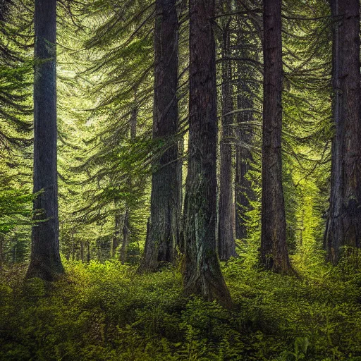 Prompt: photo of a tree on a forest landscape, harsh flash,