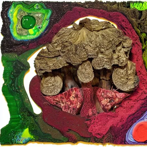 Prompt: a close up of a mushroom on the ground, a jigsaw puzzle by Lynda Benglis, flickr, neoplasticism, dye-transfer, biomorphic, grotesque