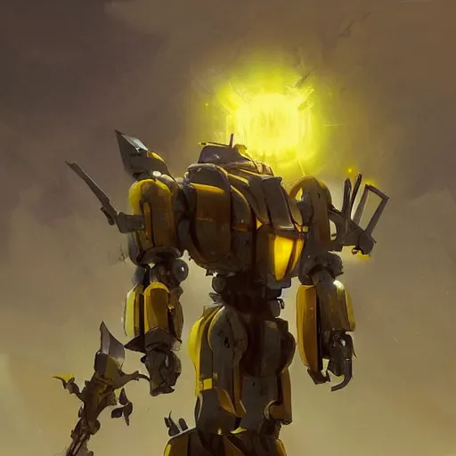 Image similar to yellow mecha with flat head and big sword and shield, Keetongu Bionicle, by Greg Rutkowski