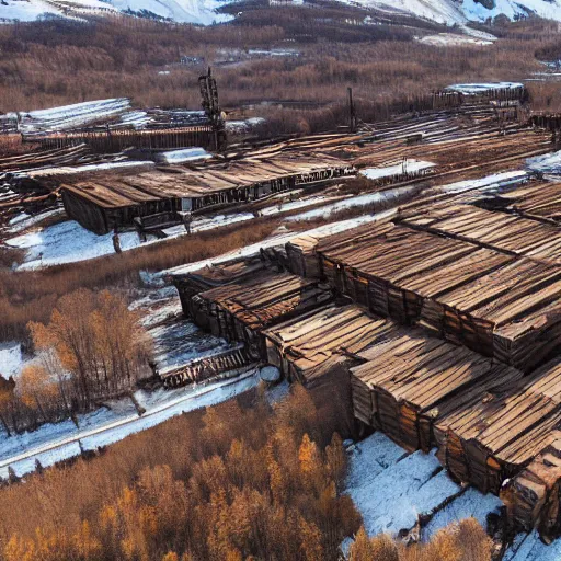 Prompt: top down drone footage of post pocaliptic frostpunk landscape, old lumber mill and few trees remains, crates with wood and supply, beautiful icy area