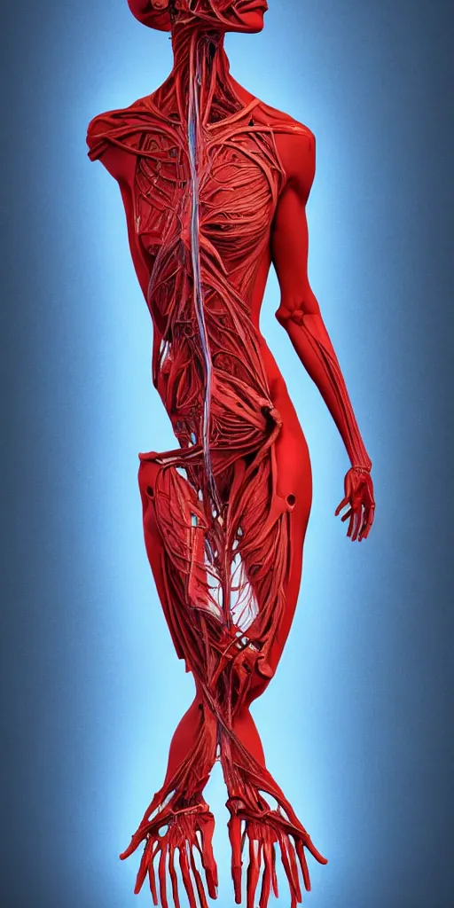 Image similar to poster design, full body anatomical model, 3 d photographic render of a deconstructed asymmetric human anatomical correct human body, in hoc signo vinces, waterfall, in the style of leonora carrington, gottfried helnwein, intricate composition, blue light by caravaggio, insanely quality, highly detailed, masterpiece, red light, artstation