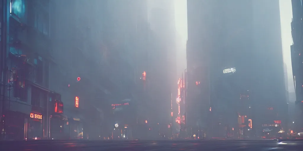 Image similar to city street, neo noir, blade runner, sci fi, retro futuristic, cinematic, atmospheric, hazy, 135mm lens, 3D