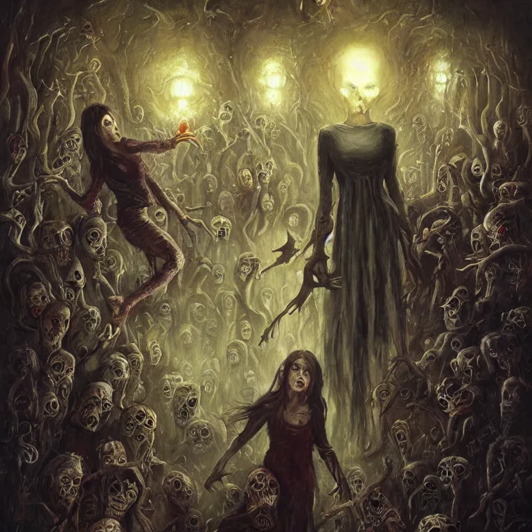 Image similar to a painting of a girl surrounded by zombies, an oil painting by seb mckinnon, featured on deviantart, gothic art, cosmic horror, flickering light, nightmare