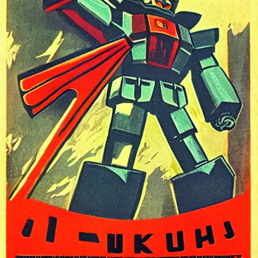 Image similar to detailed soviet propaganda poster of a gundam holding a pickaxe