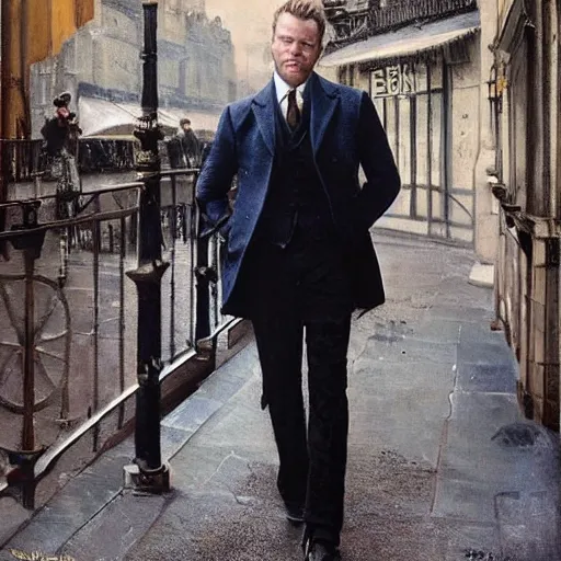 Image similar to we see ewan mcgregor from side. he is dressed as a gentleman at early 2 0 th century paris. atmospheric feeling, warm colours, brown colours, yellow colours, epic scene, cinematic, very detailed, oil painting