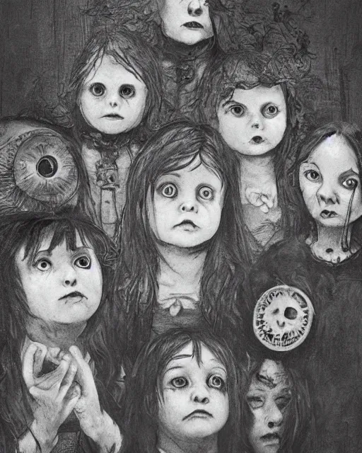 Image similar to group of creepy children staring out, black and white, victorian, ultra realistic, concept art, intricate details, horror, cinematic, highly detailed