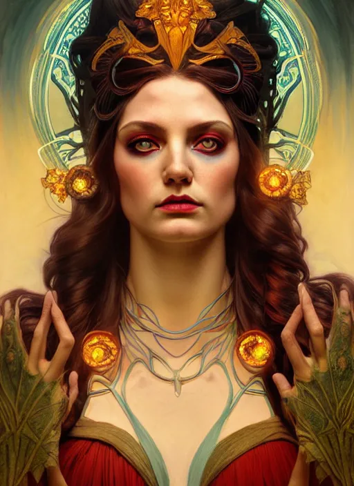 Prompt: the goddess hera looking angry wearing a paper tunic, glowing eyes, volumetric lights, red and cyan theme, art nouveau botanicals, intricate, highly detailed, digital painting, artstation, concept art, smooth, sharp focus, symmetric face, illustration, art by artgerm and greg rutkowski and alphonse mucha