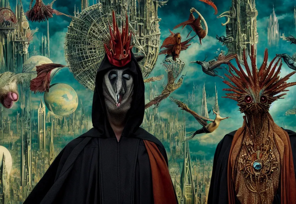 Prompt: realistic detailed portrait movie still of a birdman wearing dark robes, sci fi city landscape background by denis villeneuve, amano, yves tanguy, alphonse mucha, ernst haeckel, max ernst, ridley scott, roger dean, masterpiece, rich moody colours, cinematic, snarling dog teeth