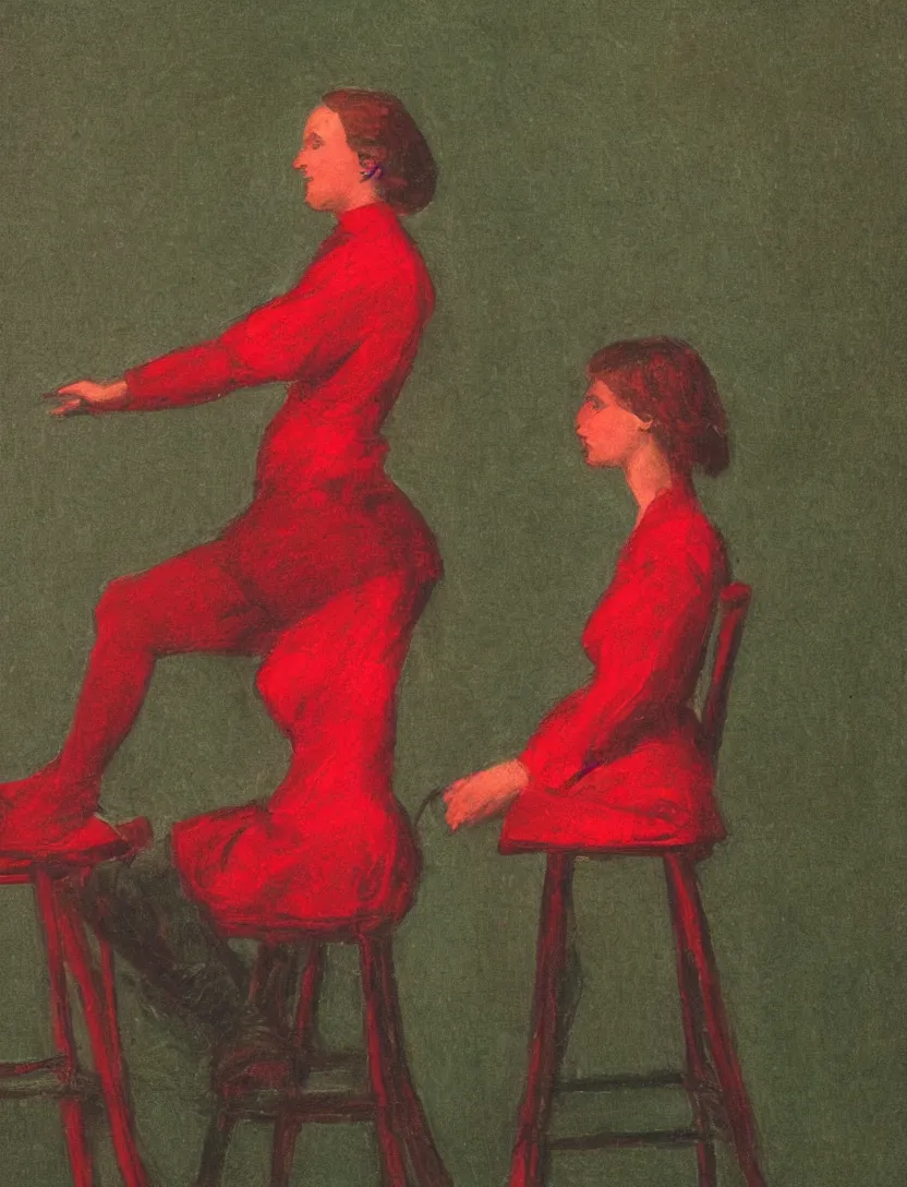 Prompt: A woman sitting on a stool reaching behind her with one hand. Close Shot. In the Style of Sir Matthew Smith. Green and Red light.