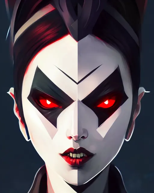 Image similar to sharp hq rendering, dark vampire, character portrait, concept art, painterly, fanart, highly detailed in the style of overwatch by ilya kuvshinov, wenjun lin, angular geometric symmetrical design