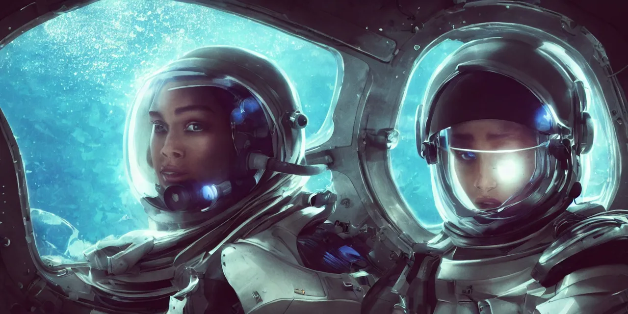 Image similar to Zoe Kravitz futuristic astronaut, outside large window of ship, helmet with clear HUD shield and led lights, underwater in the ocean at night, dark water, volumetric lighting, glowing lights, 4k, octane, digital painting, artstation, concept art, sharp focus, illustration, high contrast, high saturation , cinematic film still, art by artgerm and greg rutkowski and alphonse mucha , wide angle view,