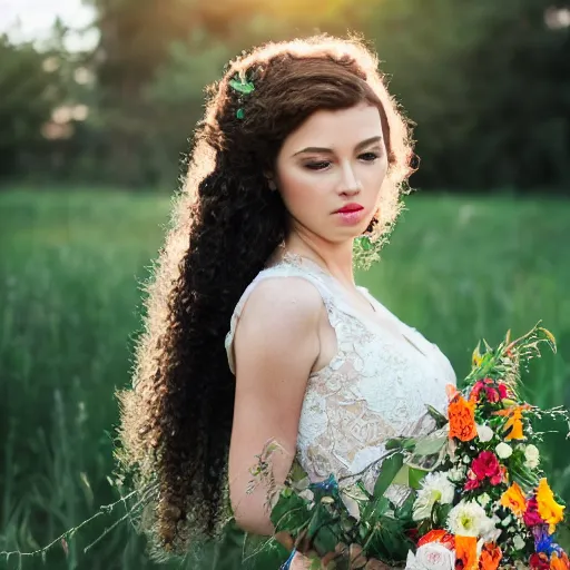Prompt: a portrait of a woman with curly long hair and birds all around her, there's flowers everywhere, very beautiful ambient light with sun rays hitting her hair, 8k photography, wedding photography