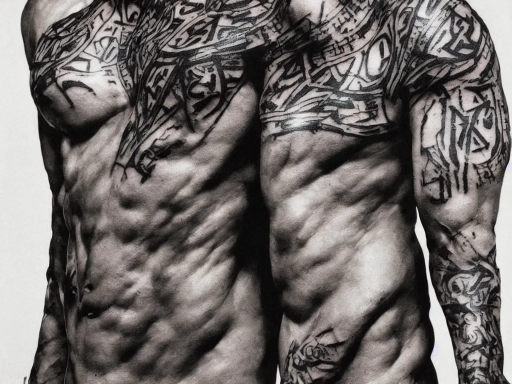 Image similar to front portrait of a muscular torso covered in runic tattoos front view, art by Ruan Jia , Moebious, Craig Mullin, and Nick Knight