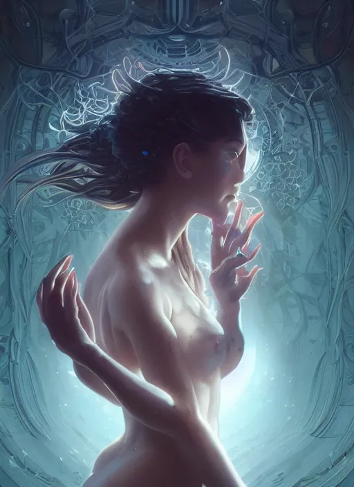 Image similar to beautiful woman covered by black oil, intricate lights, phoenix, bio luminescent, squid, plasma, by artgerm and range murata and wlop and ross tran and william - adolphe bouguereau and beeple. key art. fantasy illustration. award winning, artstation, intricate details, realistic, hyperdetailed, 8 k unreal engine.