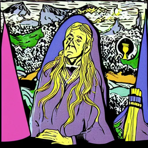 Image similar to a scene from lord of the rings, shamanic ritual run by gandalf, pop art