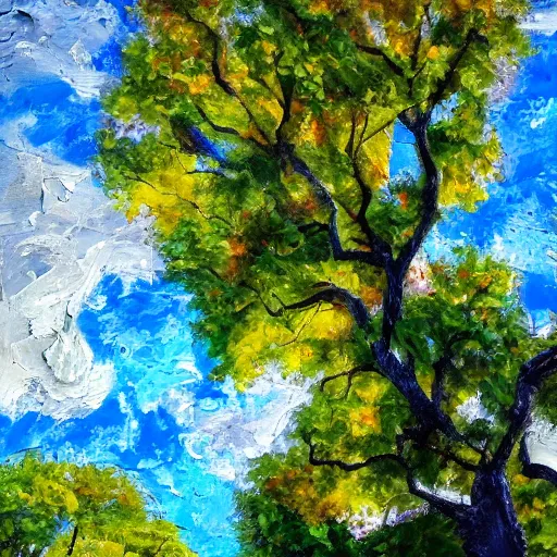 Prompt: oil paint impasto reliefs of looking up at a large sunny oak tree, through to stormy clouds, thick heavy painterly splatter, photographic quality, realistic style - i