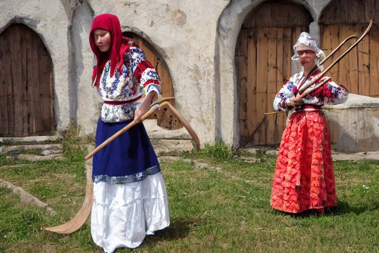 Prompt: romanian woman with scythe, drmatic ligthing, traditional romanian clothes