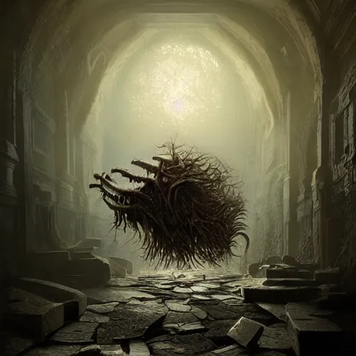 Image similar to michal karcz surrealism painting of the monster under your bed. , horror theme, detailed, elegant, intricate, 4k,