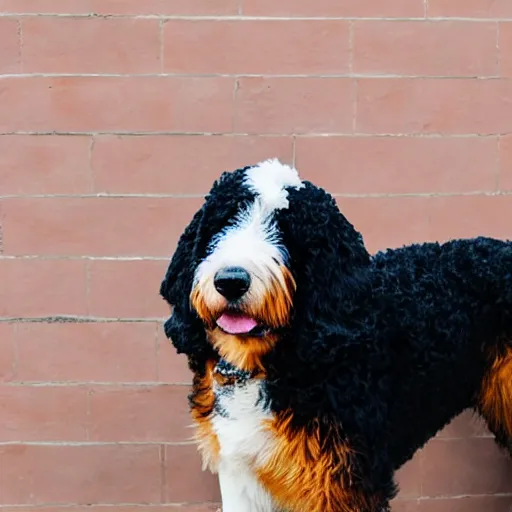 Image similar to a bernedoodle wearing a hat stylized icon trending high definition contrast