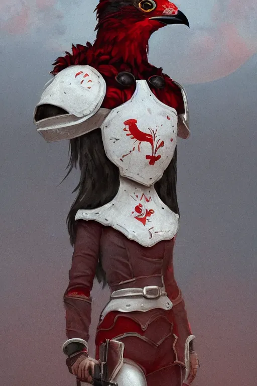 Prompt: female adventurer in tight full - body white leather armor of ukrainian vyshyvanka design with red accents and a red porcelain crow mask, trending in artstation, ukrainian, by simon stalenhag, big moon in the background, establishing shot