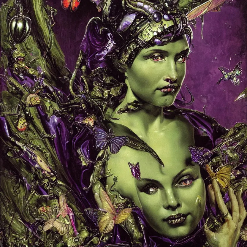 Prompt: baroque neoclassicist close - up portrait of a witch with big alien eyes wearing a reflective animal mask, in front of a wet jungle. iridescent silver butterflies. deep green and purple. highly detailed science fiction painting by norman rockwell, frank frazetta, and syd mead. rich colors, high contrast, gloomy atmosphere. trending on artstation and behance.