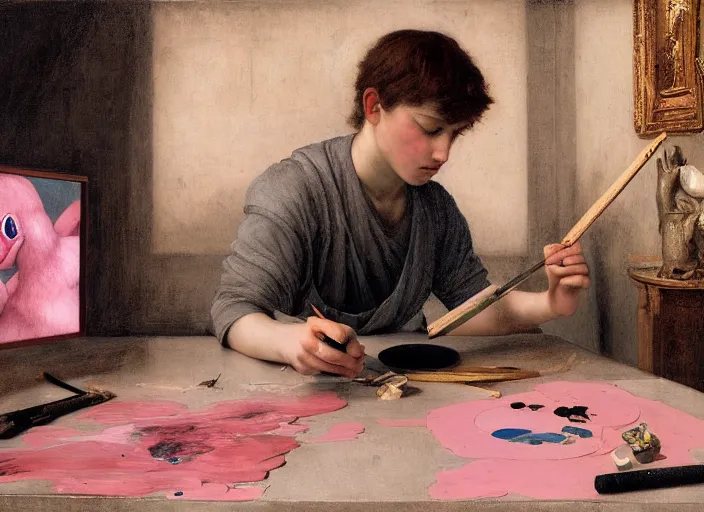 Prompt: a young painter in his studio painting a picture of a pink pokemon, by edgar maxence and caravaggio and michael whelan and delacroix style, artistic, intricate drawing, cinematic lighting, hyper realistic, extremely detailed, establishing shot, 8 k resolution, dramatic lighting