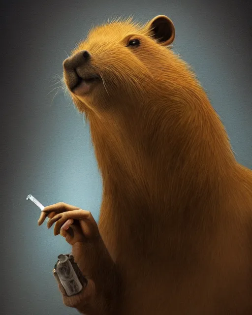 Image similar to oil painting of the profile side of a realistic anthropomorphized capybara holding a smoking pipe in his right hand, with old detective clothes, close shot, full body, dark steampunk mine shaft background, sharp focus, fantasy style, octane render, volumetric lighting, 8k high definition, by greg rutkowski, highly detailed, trending on art Station, dungeons and dragons artwork, centered
