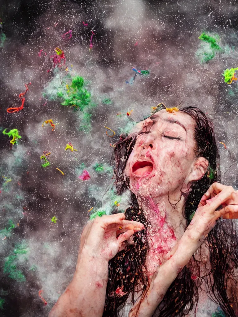 Prompt: analog color photographic portrait with 5 0 mm lens and f / 1 2. 0 of a scared woman with eyes closed and spurting from the mouth a white viscous fluid floating in the air surrounded by worms and insects in the air. with a slight variation of light in the liquid and gesture.