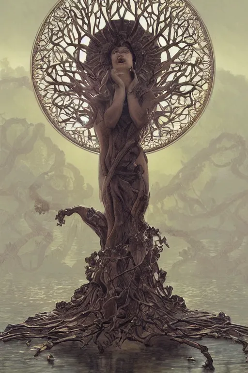 Image similar to ultra realistic illustration, a statue of the tree of life, intricate, elegant, highly detailed, digital painting, artstation, concept art, smooth, sharp focus, illustration, art by artgerm and greg rutkowski and alphonse mucha