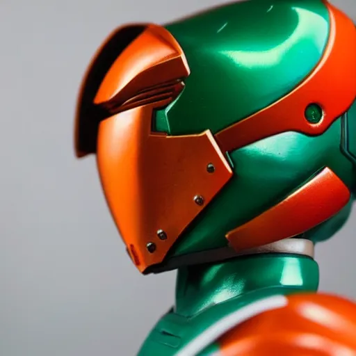 Image similar to helmet portrait of a figurine of samus aran's varia suit from the sci - fi nintendo videogame metroid. red round helmet, orange shoulder pads, green visor. shallow depth of field. suit of armor.