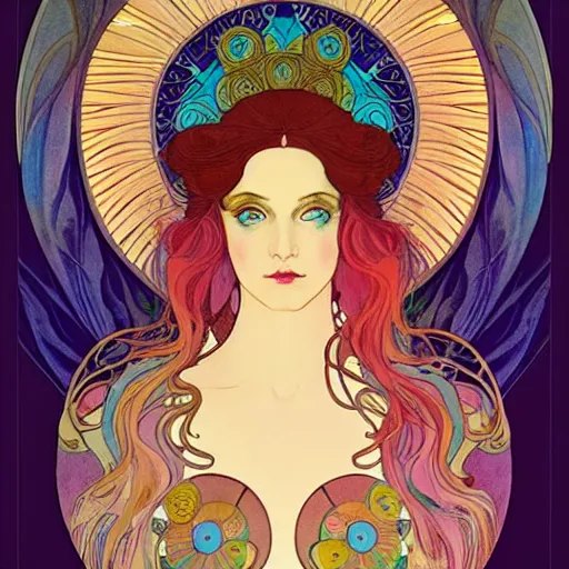 Image similar to The Goddess of Life and Creation, beautiful eyes, symmetrical face, paint, ink, palettes, spectrum, in the style of Joshua Middleton, Mucha, Kandinsky