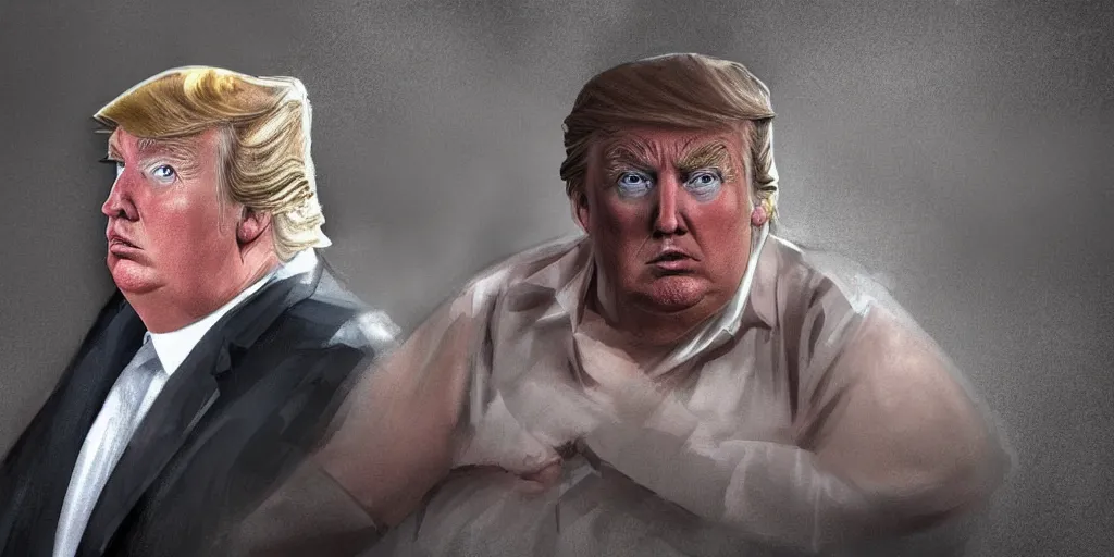 Image similar to fat donald trump in a prison cell looking sad, digital art, trending on artstation