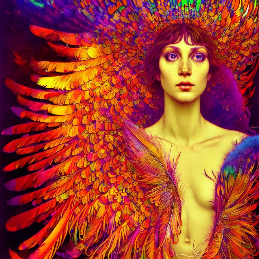 Image similar to face of innocent psychedelic transcendent feather mind bending psychedelic wings of glossy liquid honey flowing like kaleidoscopic translucent holograph, lsd feathers, feathery fluff, enlightenment, high contrast dappled lighting, refracted sunset, highly detailed, concept art, art by collier, albert aublet, krenz cushart, artem demura, alphonse mucha