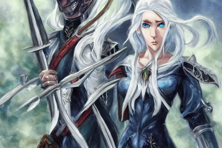 Prompt: dungeons and dragons fantasy painting of elven soldiers, white hair, determined expressions, anime inspired