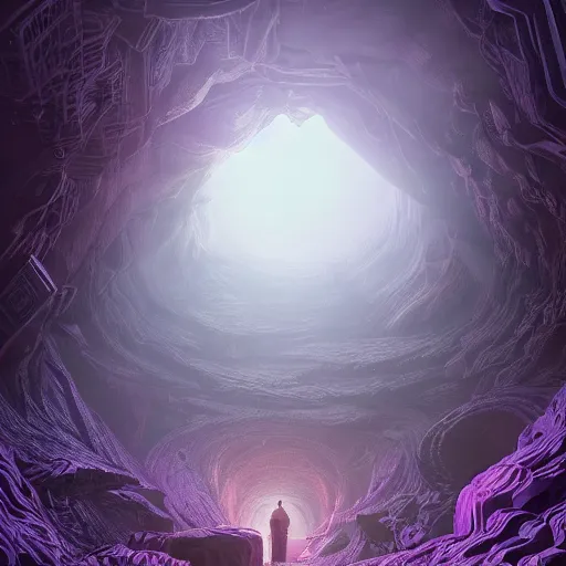 Image similar to a ultradetailed beautiful concept art of the unconscious labyrinth filled with countless path to the depth of the mind, dramatic lighting, dynamic lighting, cinematic lighting, purple color scheme, concept art, high resolution 4 k, by raphael lacoste and beeple and andreas rocha