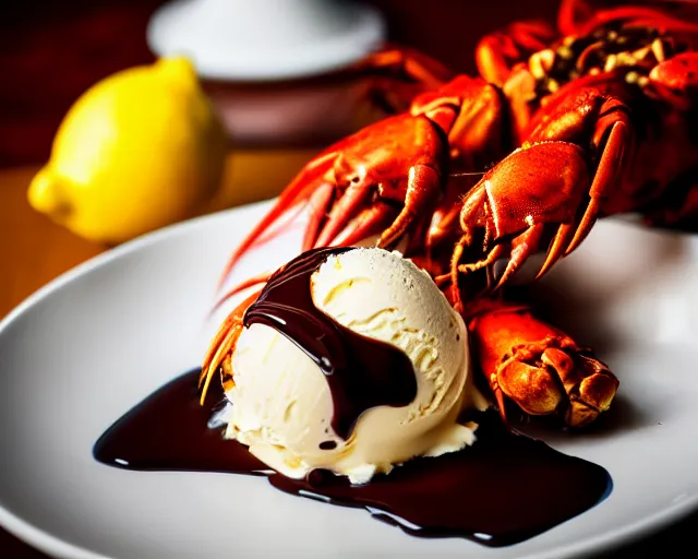 Prompt: dslr food photograph of a plate of lots of vanilla ice cream and a crawfish, slice of lemon, a little bit of chocolate sauce, 8 5 mm f 1. 4