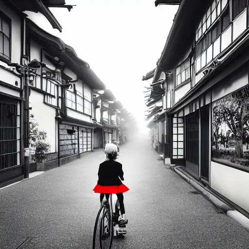 Image similar to anime girl riding bicycle in highly detailed kyoto street, studio ghibli style, by hayao miyazaki, sharp focus, desaturated, fog, highly detailed, 4k