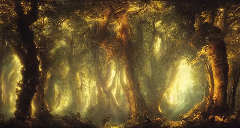 Image similar to Enchanted and magic forest, by John Martin