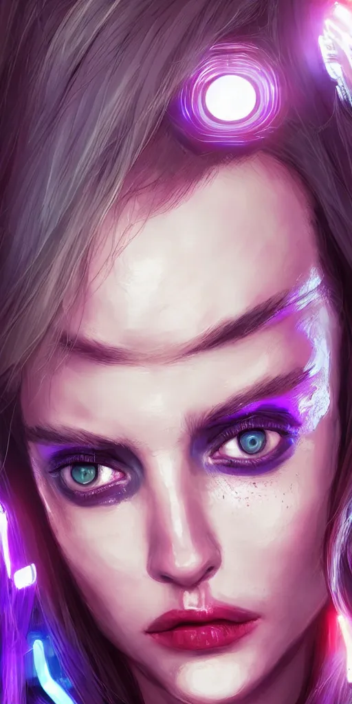 Image similar to A beautiful and detailed portrait of a middle-aged beautiful girl that has bright implants on her face and an angry-desperate look on her eyes. Red eyes trail, bokeh cyberpunk city background, artstation, violet-blue palette, vignette, by artgerm,