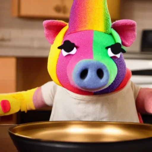 Prompt: rainbow pig wearing a gold crown as a Muppet cooking on stove 8k