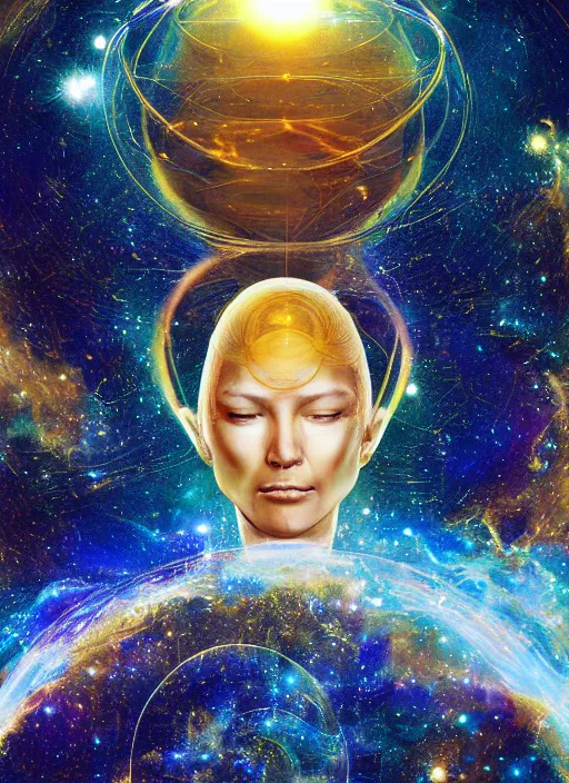 Image similar to a golden woman 2/3 figurative portrait, in space, head breaking apart and spiraling geometry into the sky upwards into another dimension, lazer light beaming down to top of her head, by moebius and Yoshitaka amano, painterly digital art