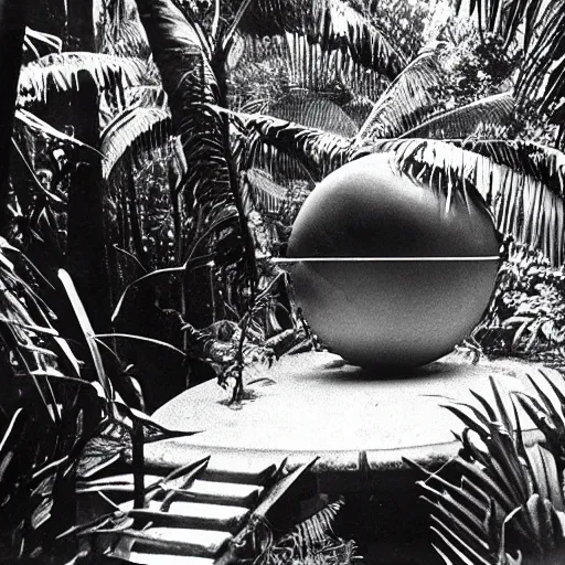 Image similar to a rizom lost film footage of a sphere in the middle of the tropical jungle / tribalism / modernism / film still / cinematic / enhanced / 1 9 2 0 s / black and white / grain